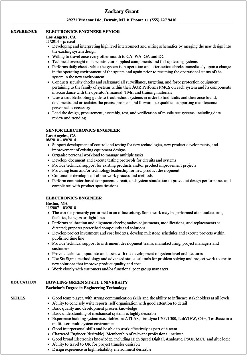Sample Resume For Electronics And Communication Engineer Experienced