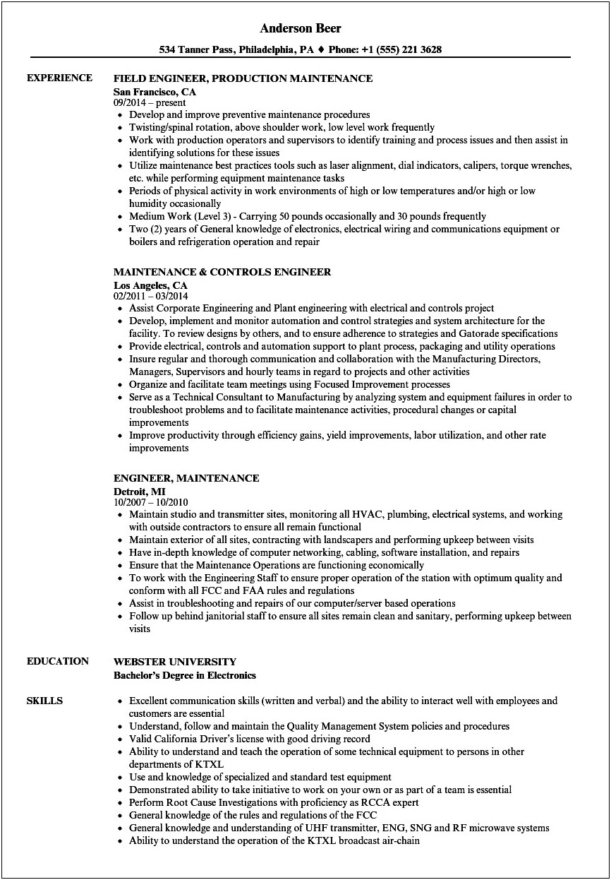 Sample Resume For Electronics Maintenance Engineer