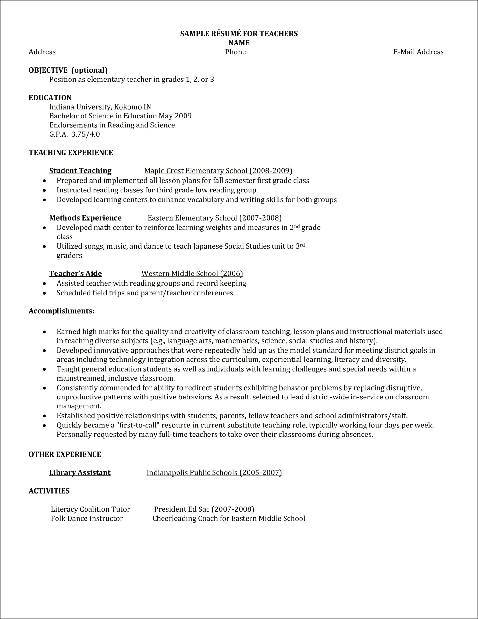 Sample Resume For Elementary School Tutor