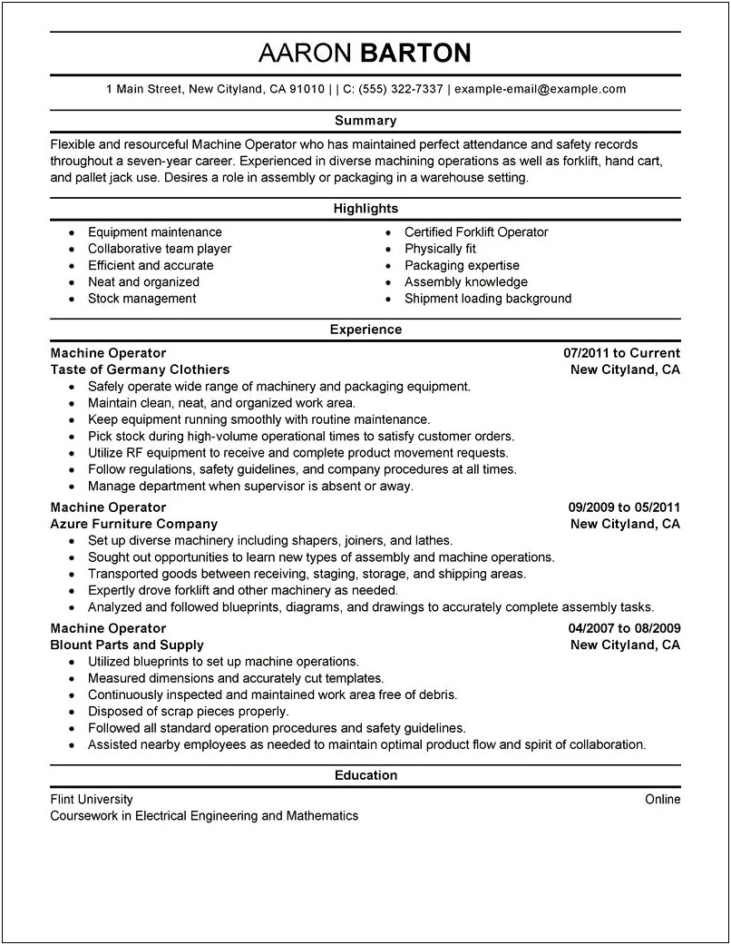 Sample Resume For Embroidery Machine Operator