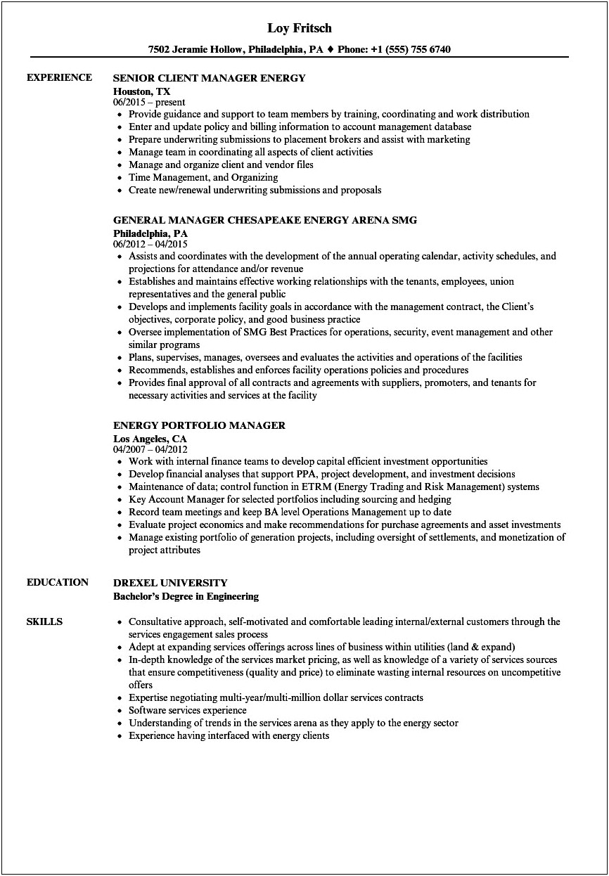 Sample Resume For Energy Trainee Position