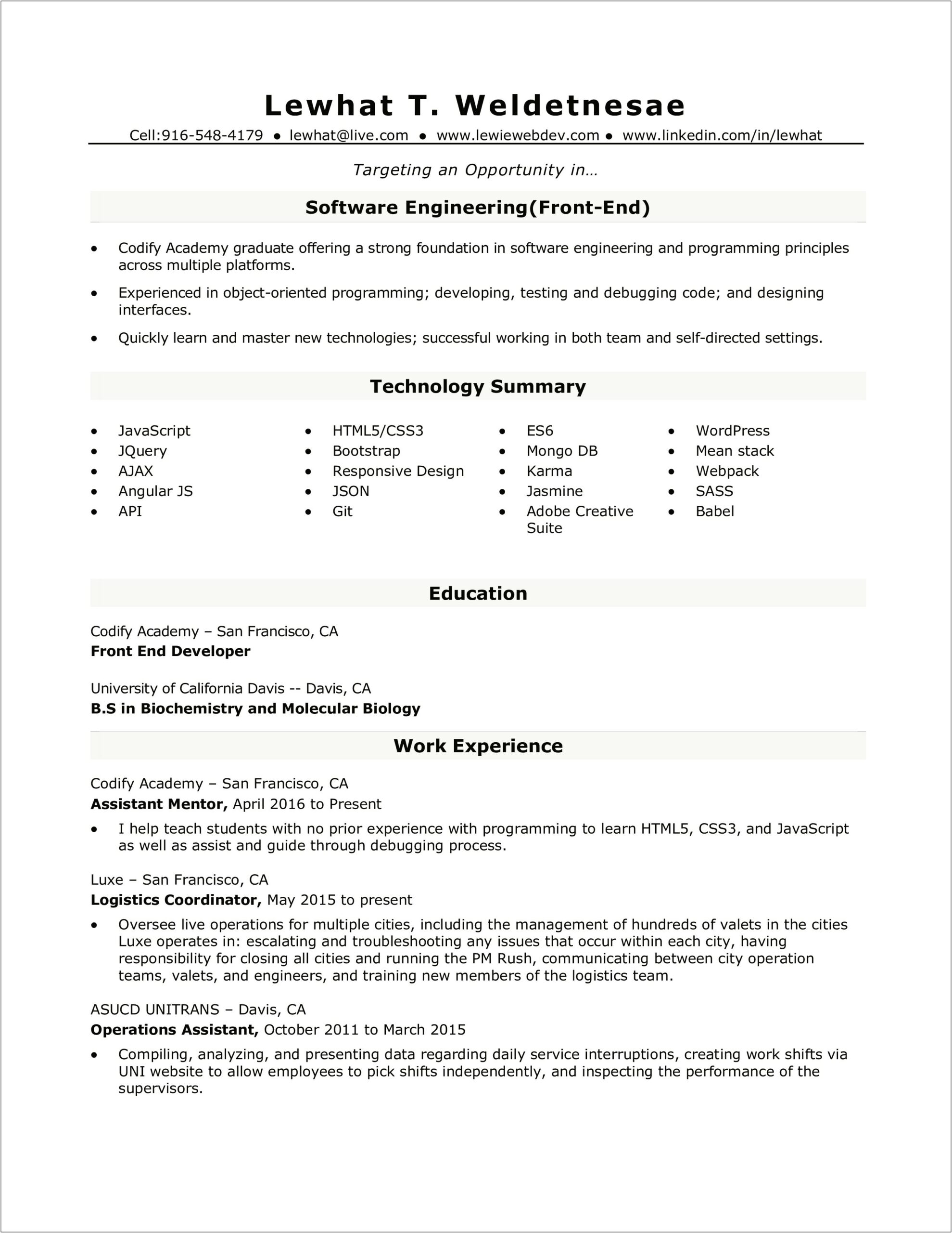 Sample Resume For Engineer Fresher Download