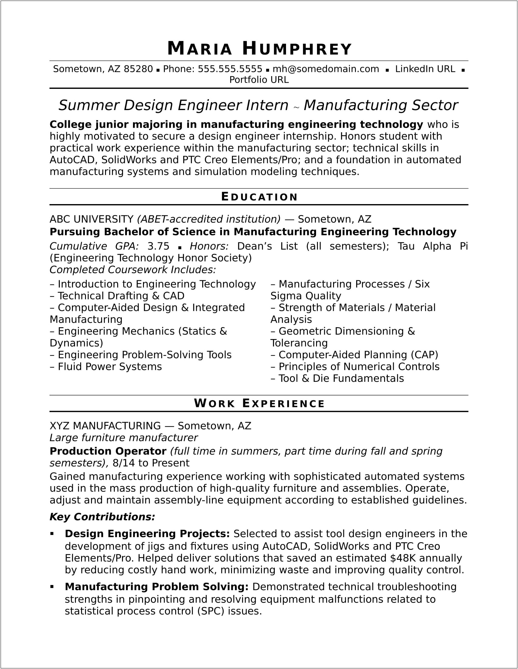 Sample Resume For Engineer Internship
