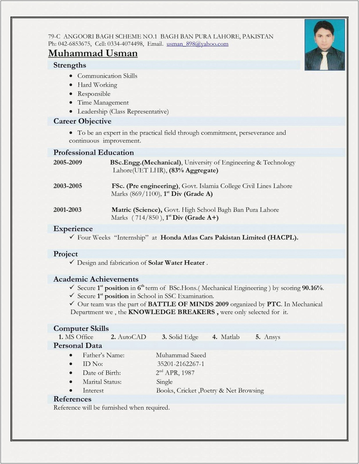Sample Resume For Engineering Freshers Pdf