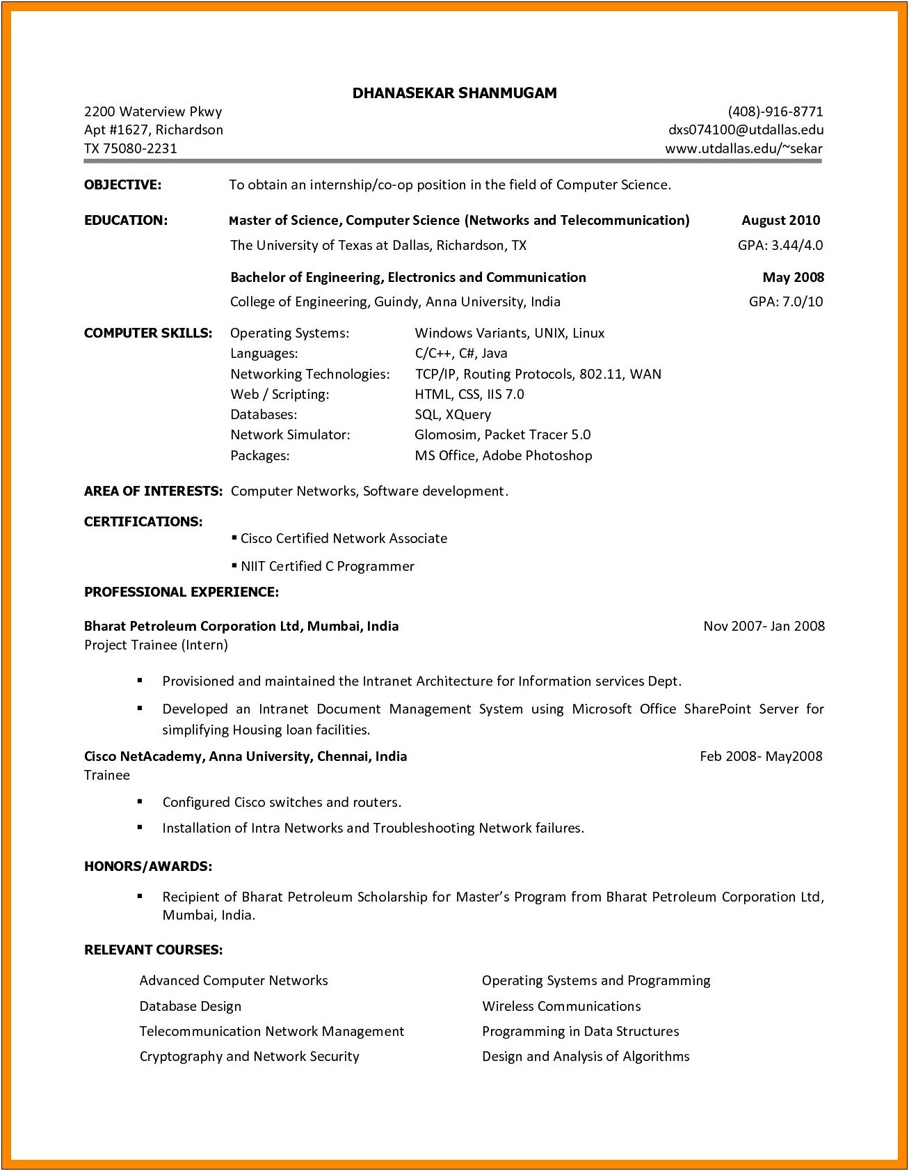 Sample Resume For Engineering Internship India