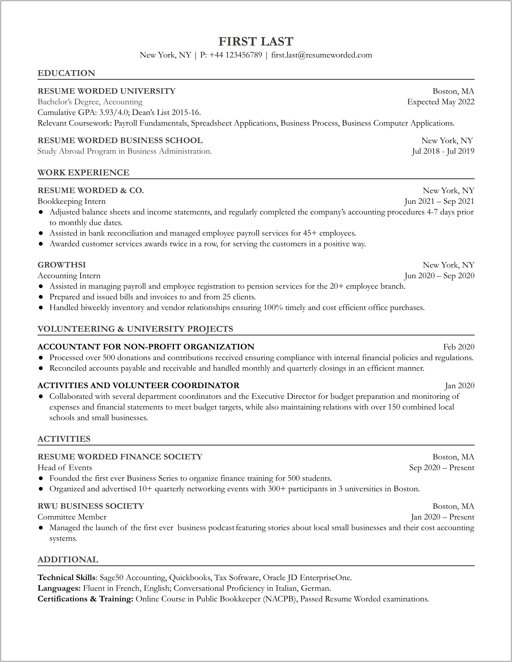 Sample Resume For Entry Level Bookkeeper