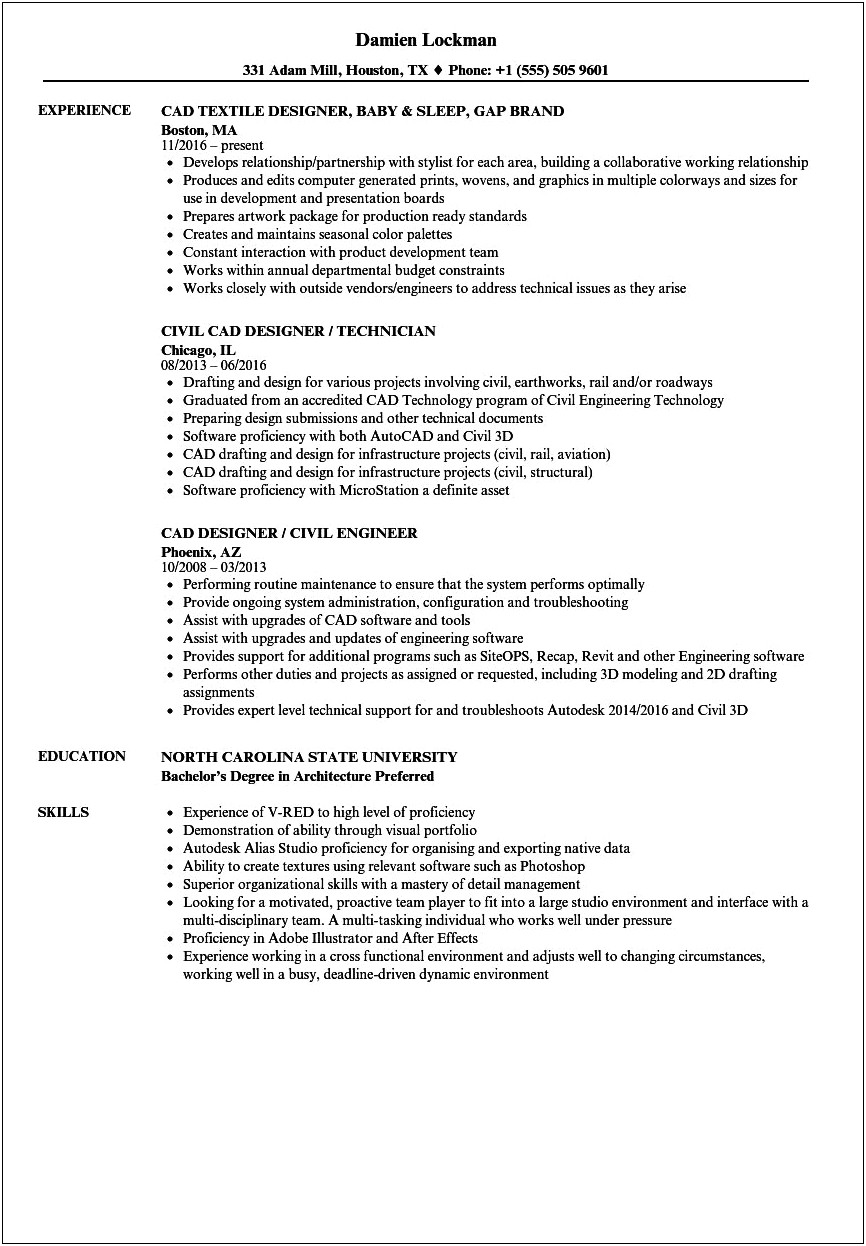 Sample Resume For Entry Level Cad Operator