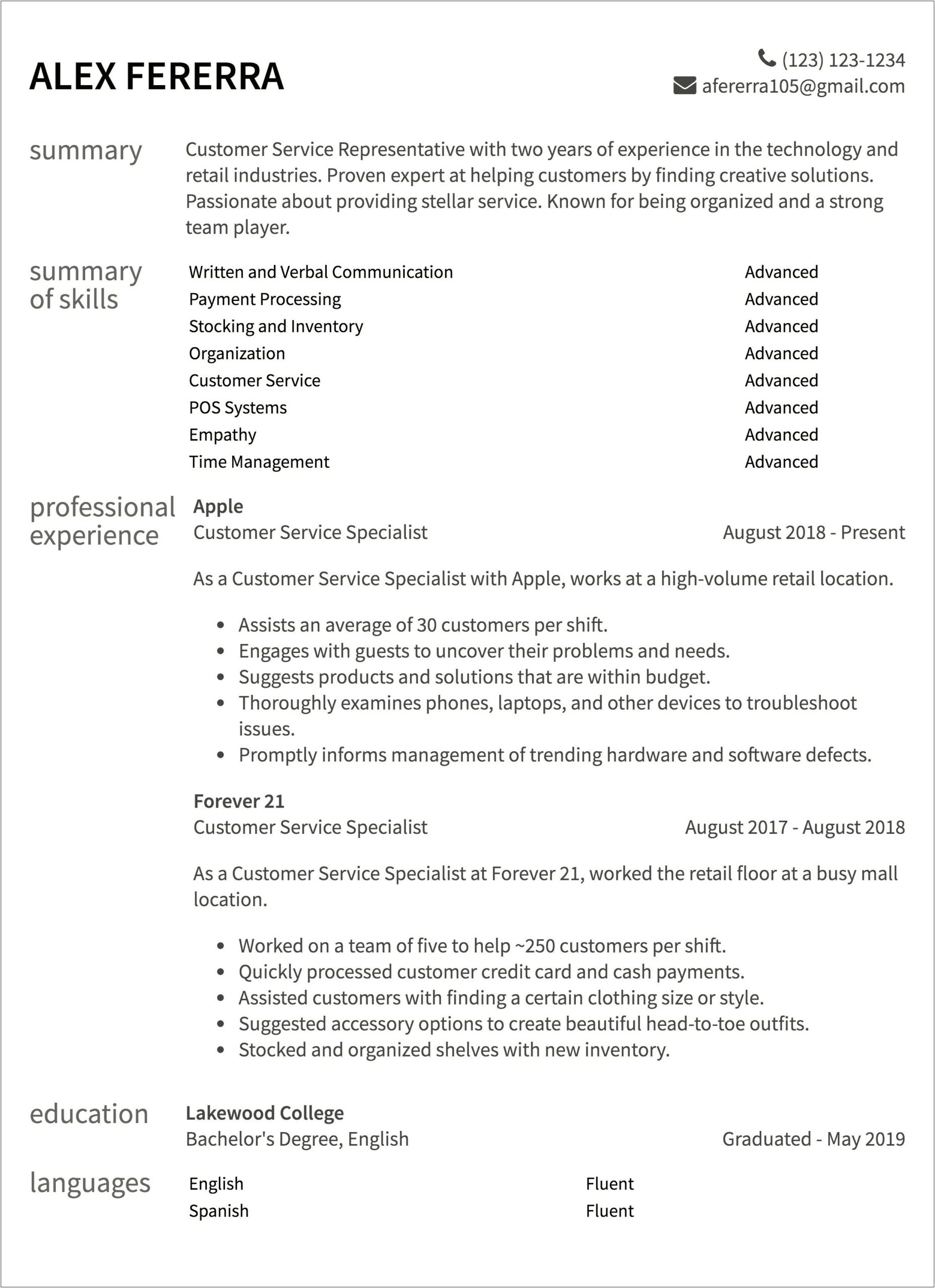 Sample Resume For Entry Level Customer Service Representative