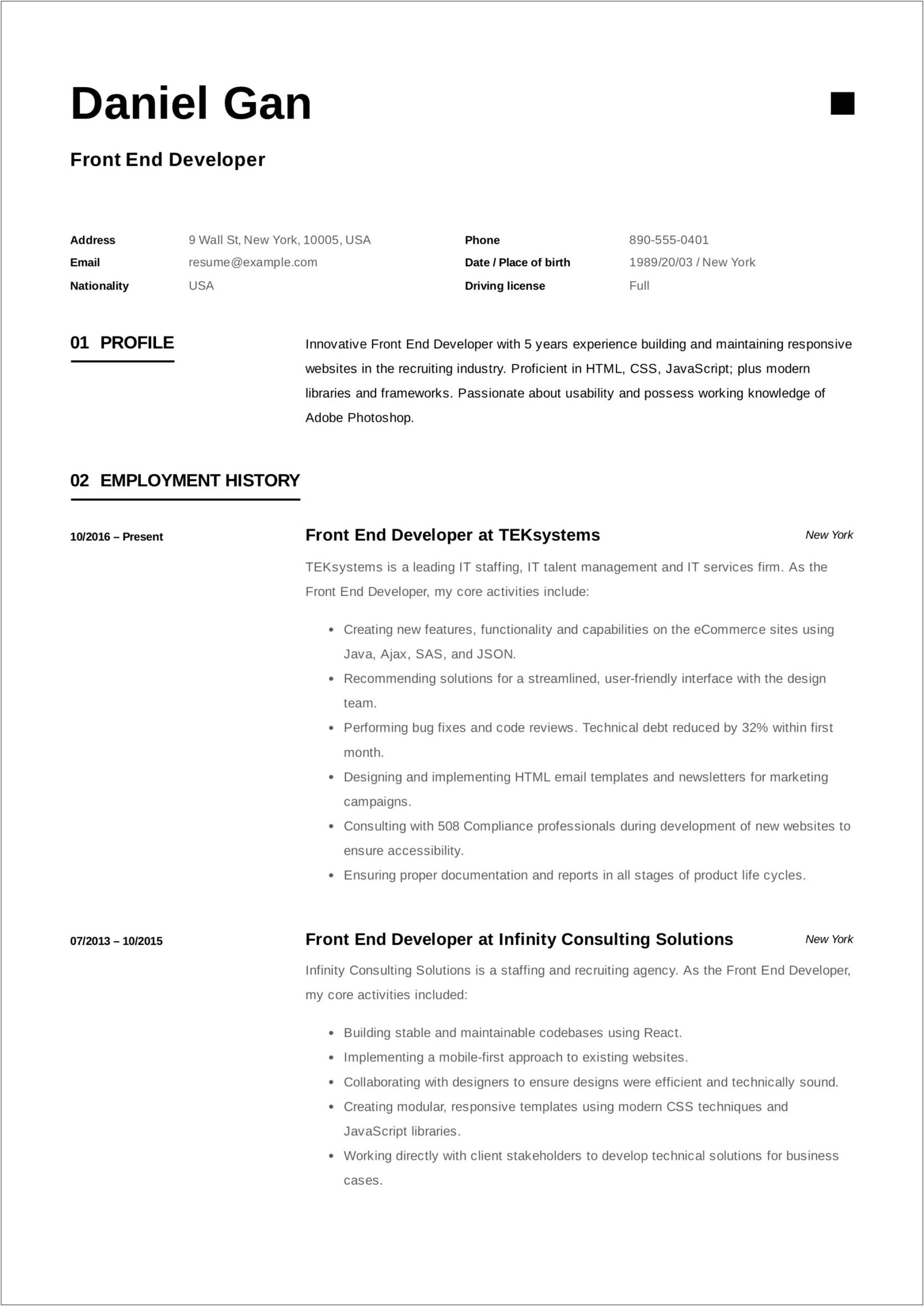 Sample Resume For Entry Level Front End Developer