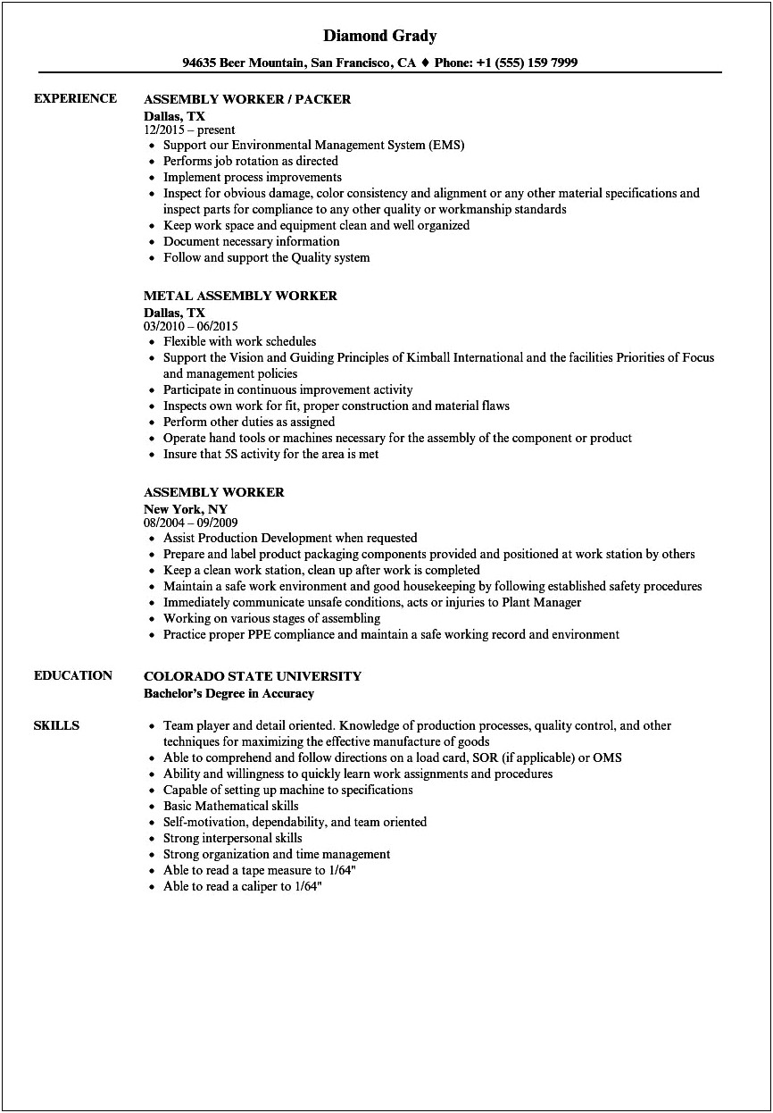 Sample Resume For Entry Level Production Worker