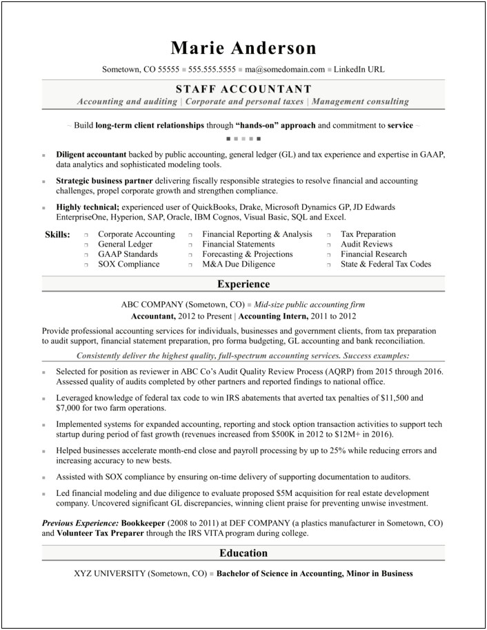 Sample Resume For Entry Level Staff Accountant