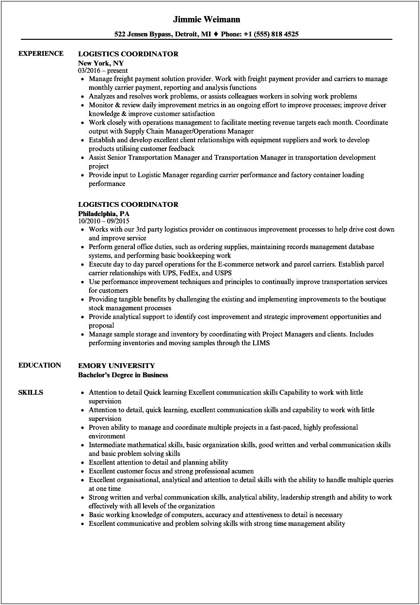 Sample Resume For Entry Level Supply Chain