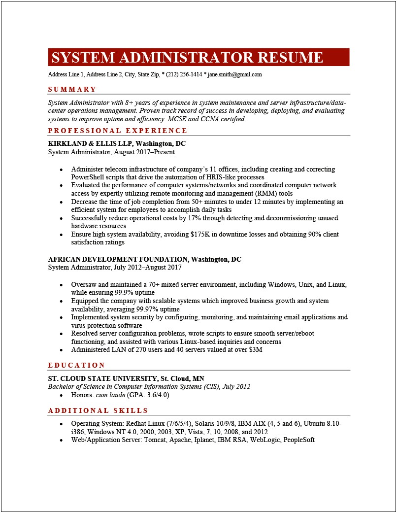 Sample Resume For Entry Level System Administrator