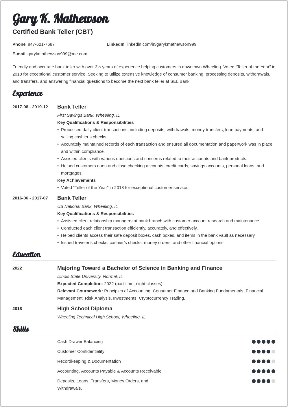 Sample Resume For Entry Level Teller Position