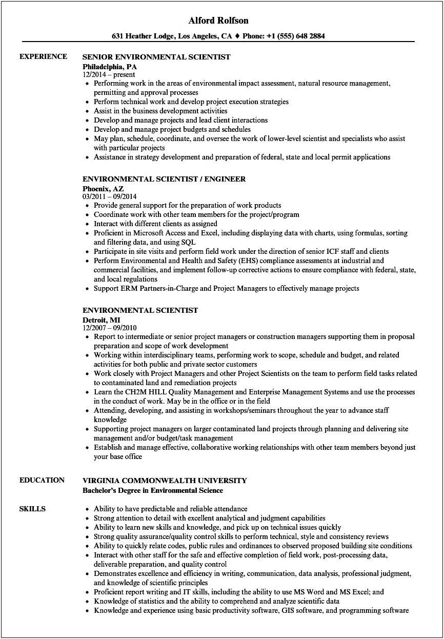 Sample Resume For Environmental Compliance Department