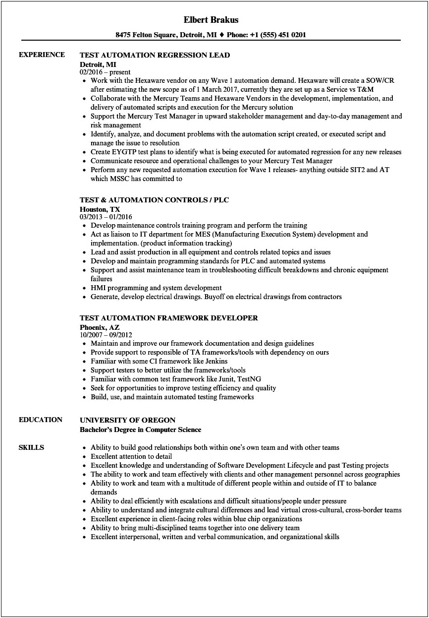 Sample Resume For Experienced Automation Test Engineer