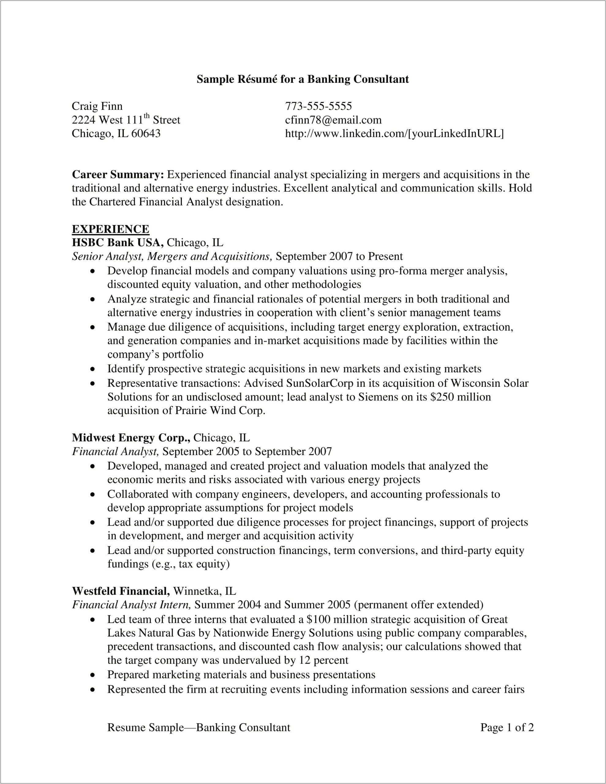Sample Resume For Experienced Banking Professional