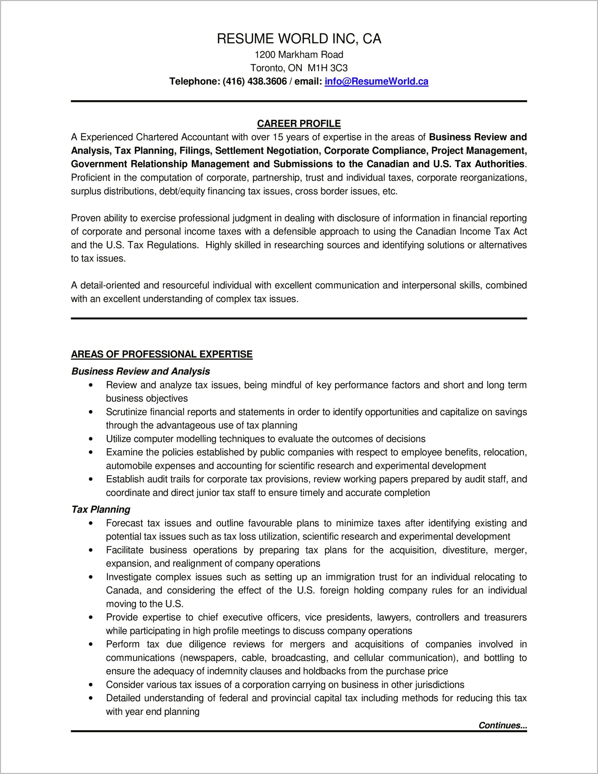 Sample Resume For Experienced Chartered Accountant
