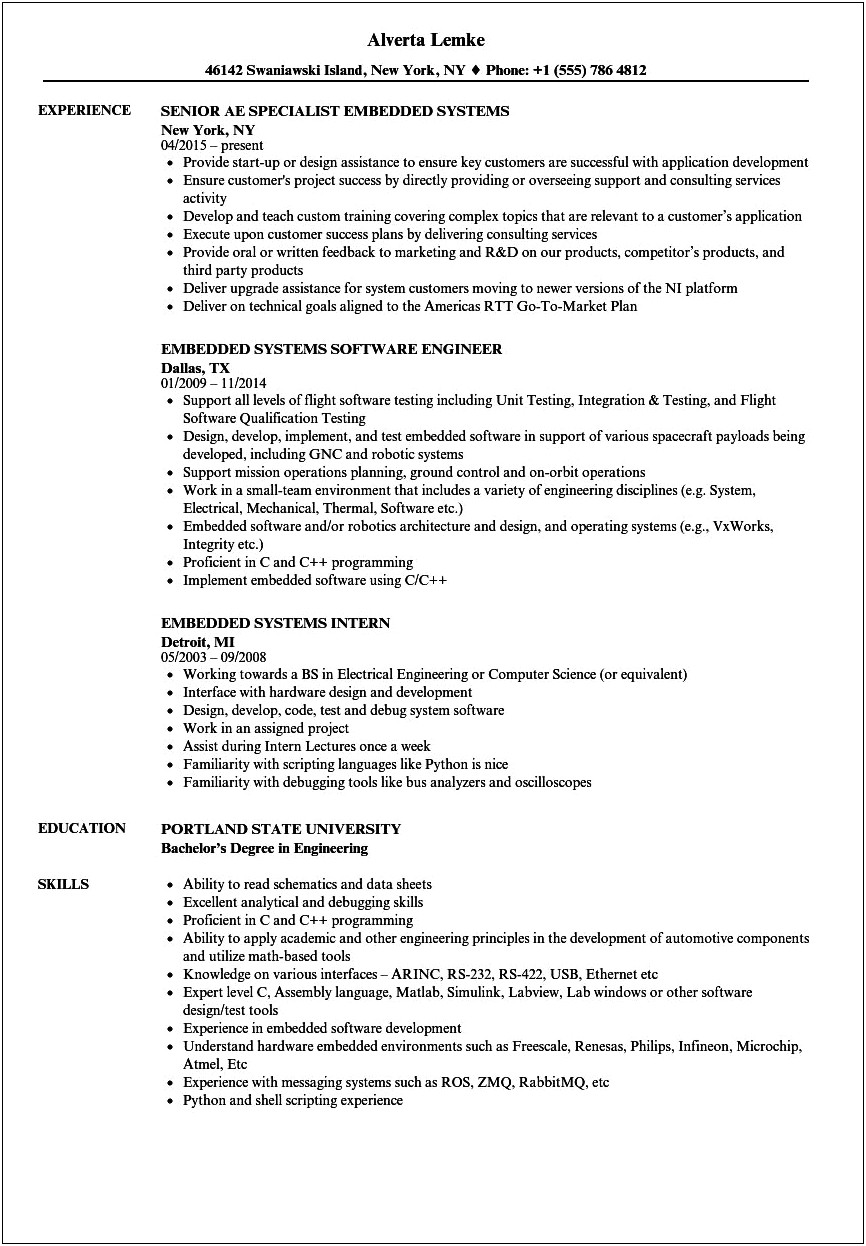 Sample Resume For Experienced Embedded Hardware Engineer