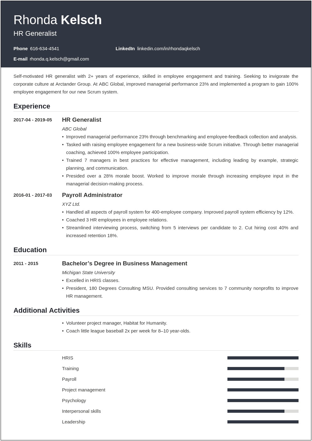 Sample Resume For Experienced Hr Generalist