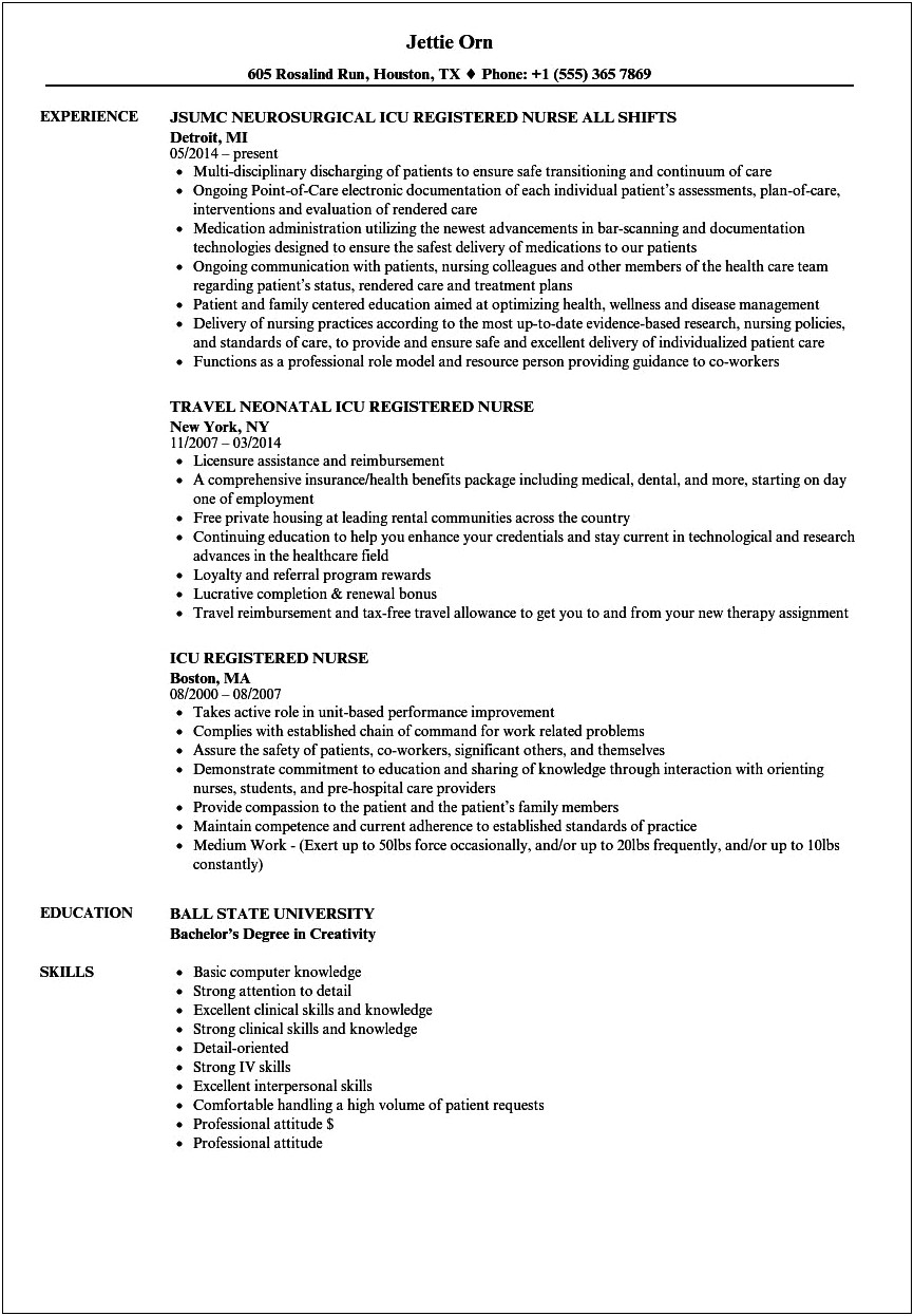Sample Resume For Experienced Icu Nurse
