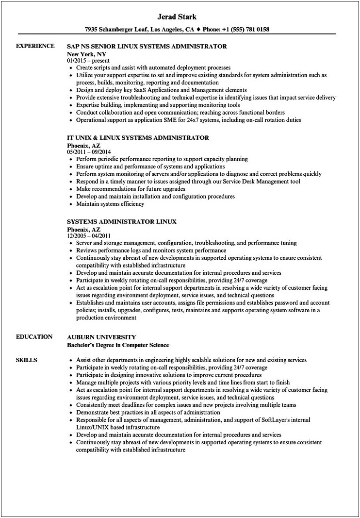 Sample Resume For Experienced Linux System Administrator