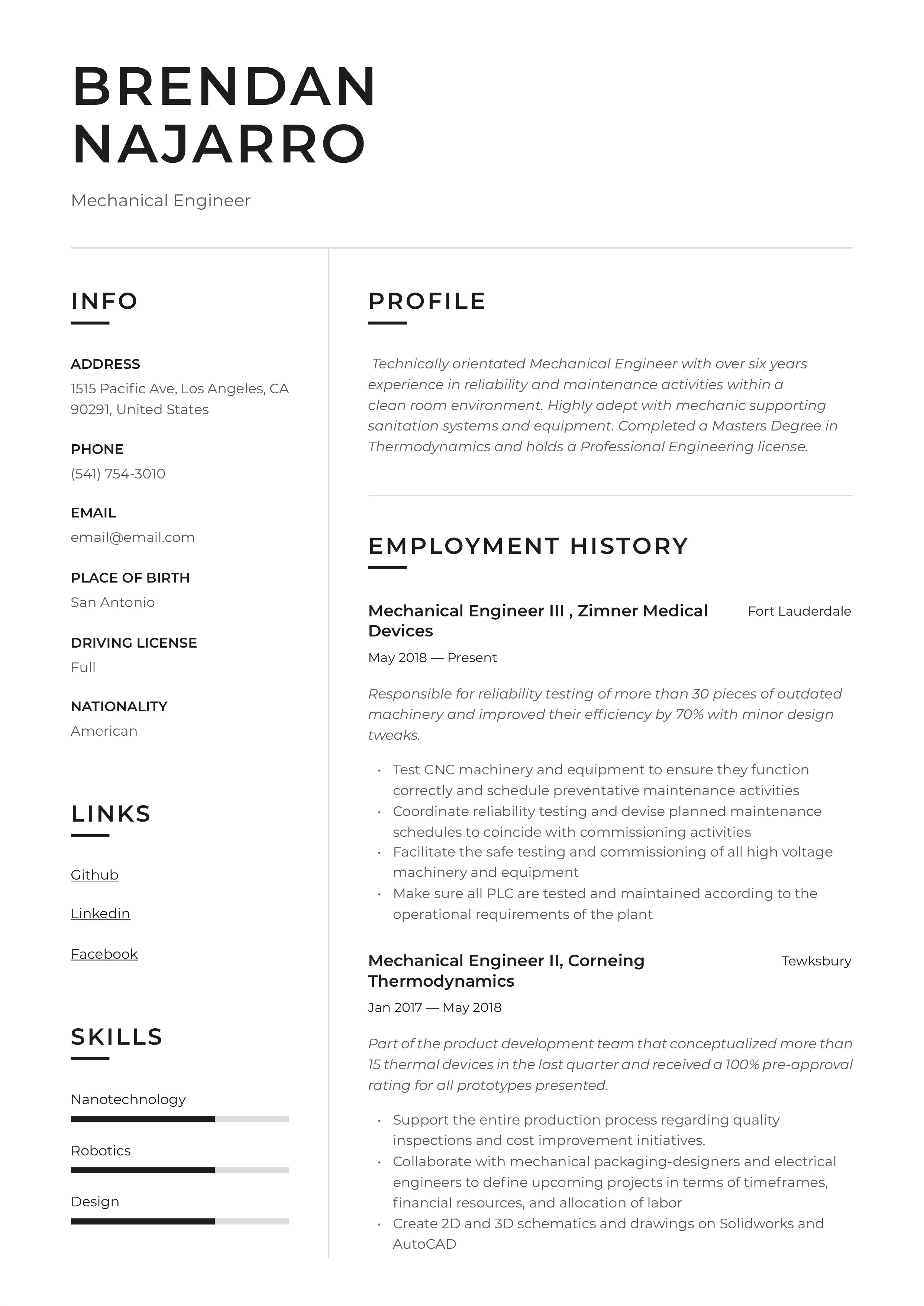 Sample Resume For Experienced Mechanical Engineer