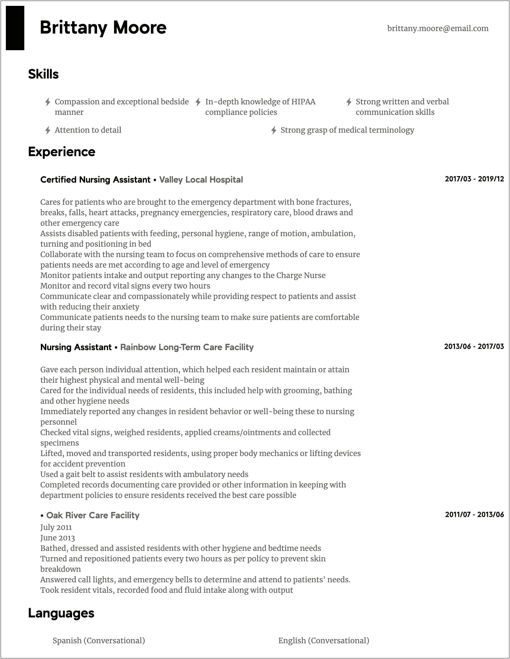 Sample Resume For Experienced Nursing Assistant
