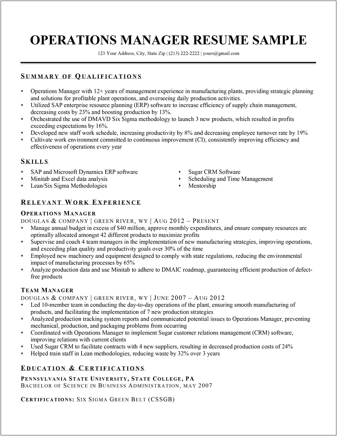 Sample Resume For Experienced Operations Manager