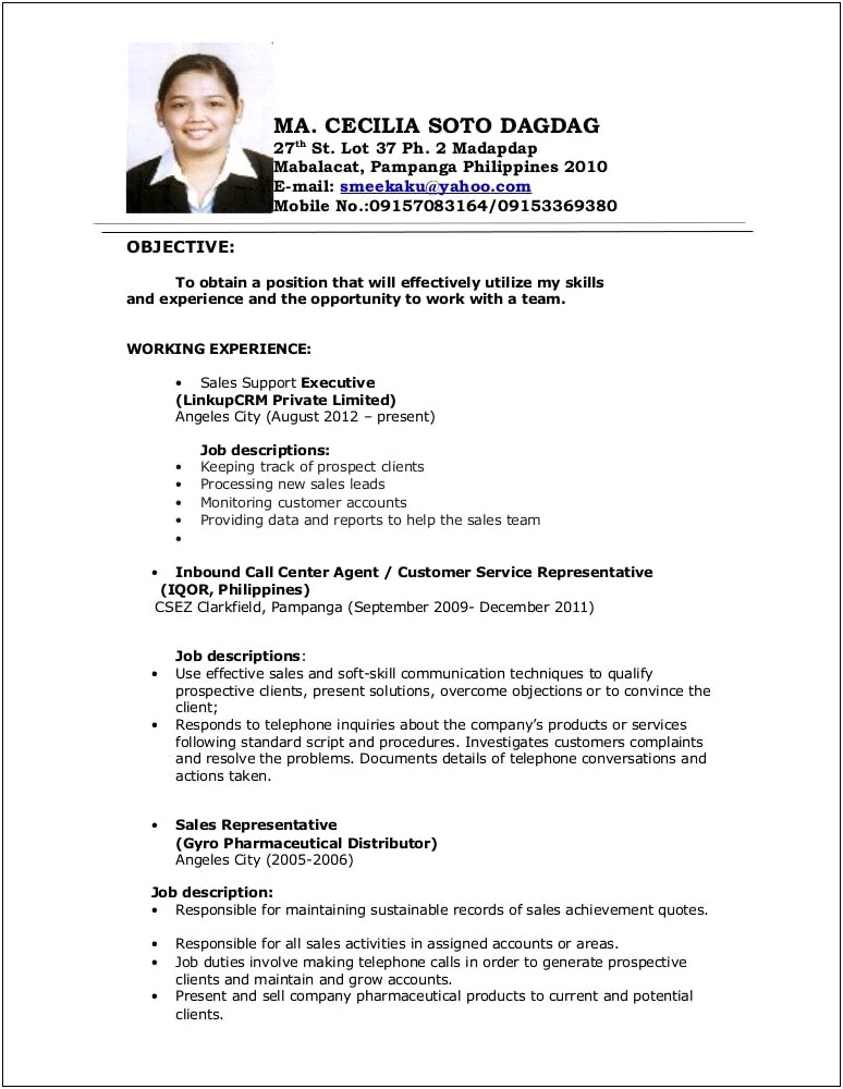 Sample Resume For Experienced Sales Representative