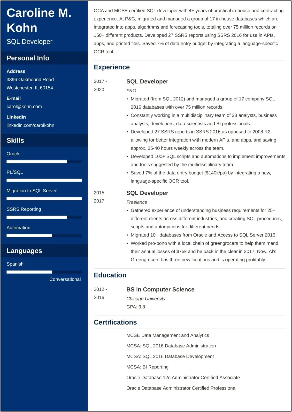 Sample Resume For Experienced Sql Server Developer