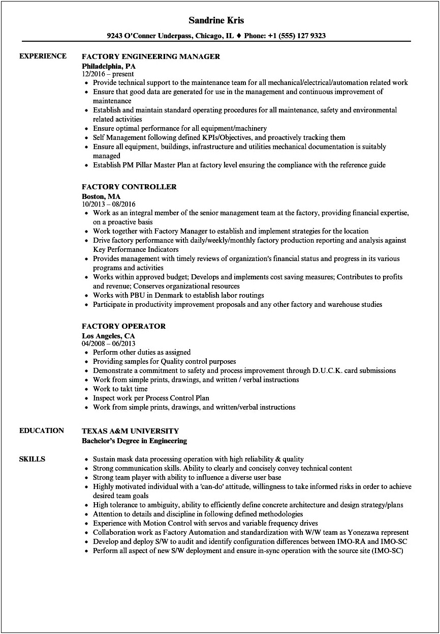Sample Resume For Factory Worker Position