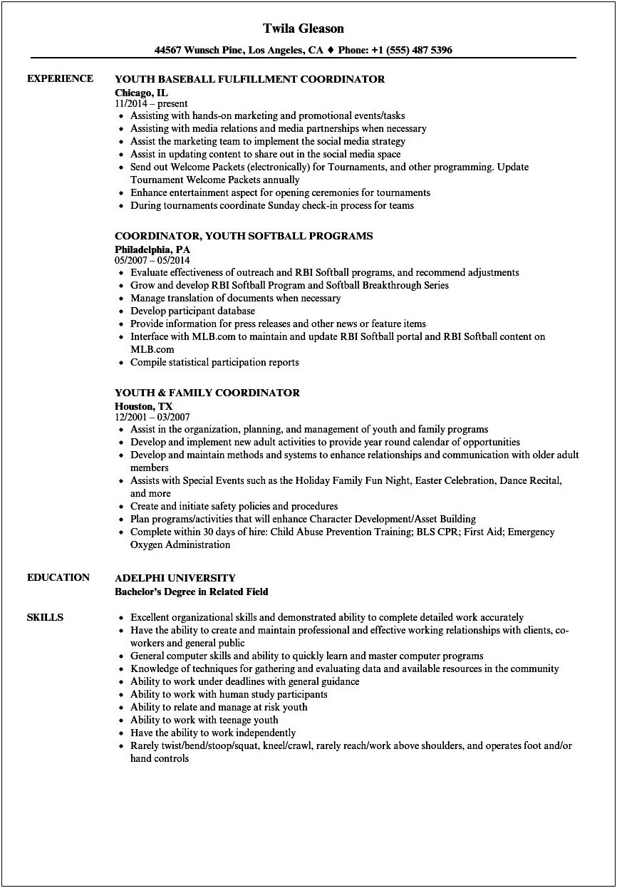 Sample Resume For Family Coordinator For Middle School