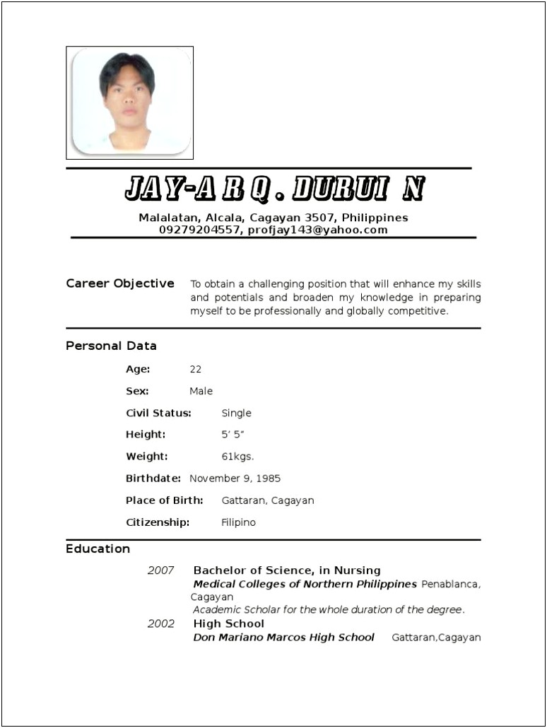 Sample Resume For Filipino Nurses Applying Abroad