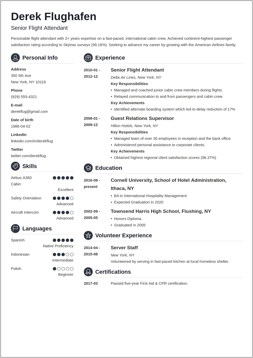 Sample Resume For Flight Attendant With Experience