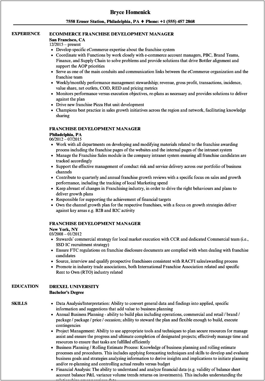 Sample Resume For Franchise Operations Manager