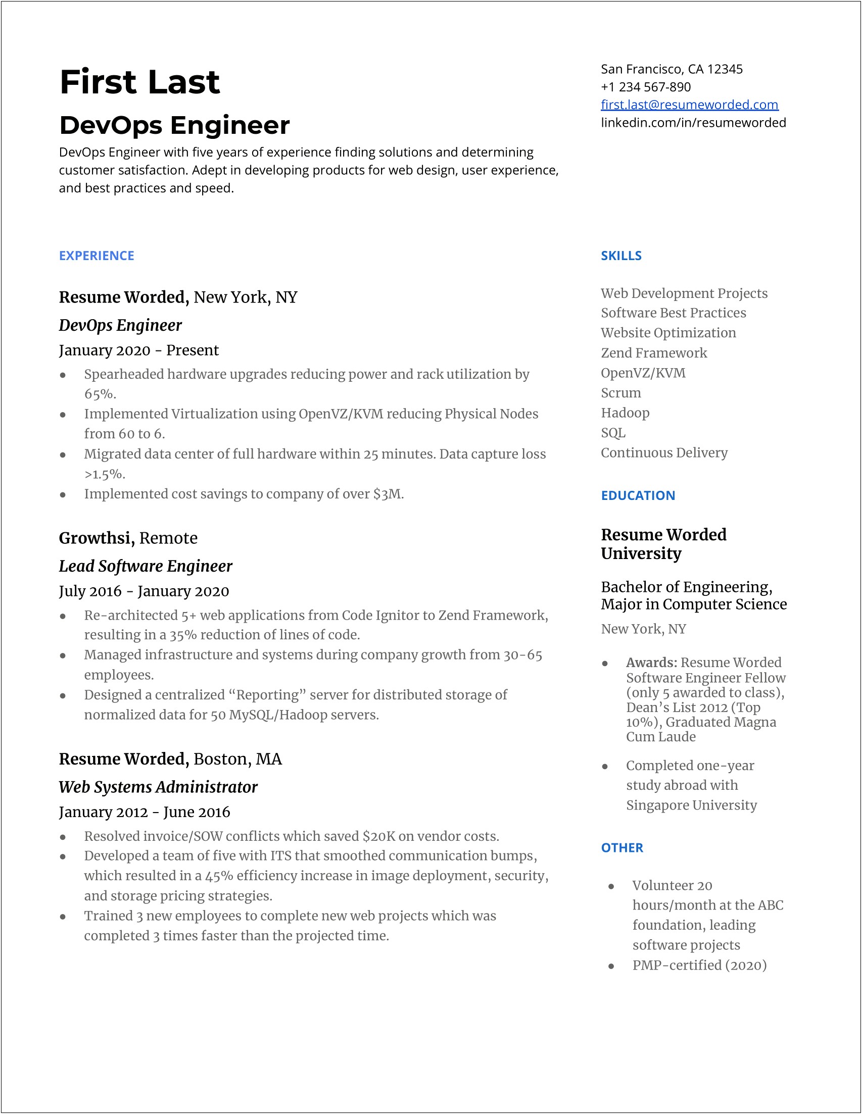 Sample Resume For Fresh Graduate Devops Engineer