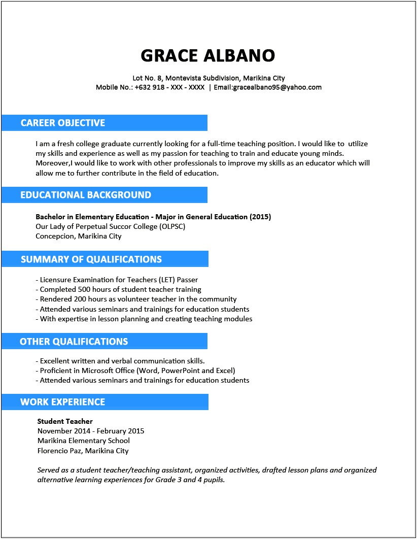 Sample Resume For Fresh Graduate Philippines