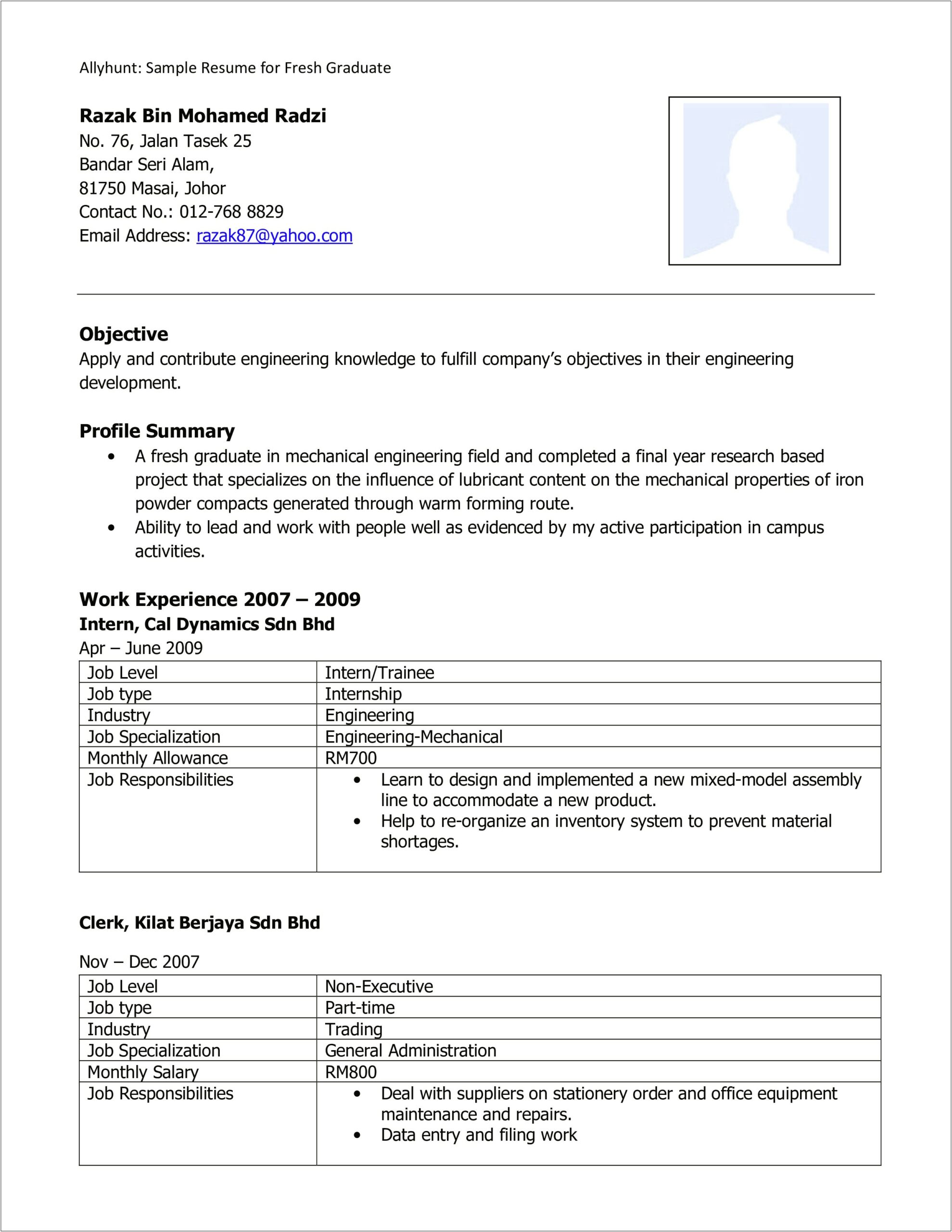 Sample Resume For Fresh Graduate With Work Experience