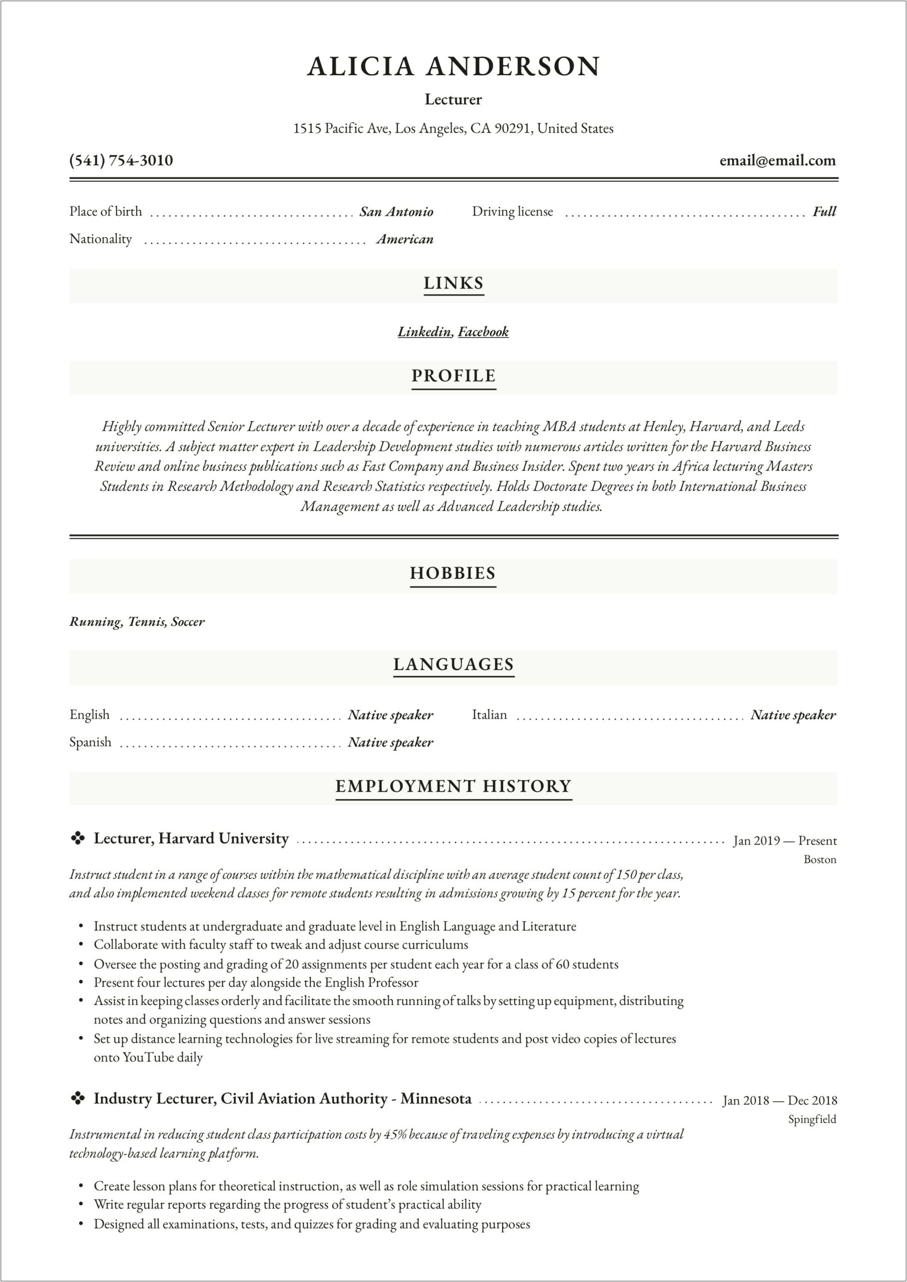 Sample Resume For Fresher Lecturer In Engineering College