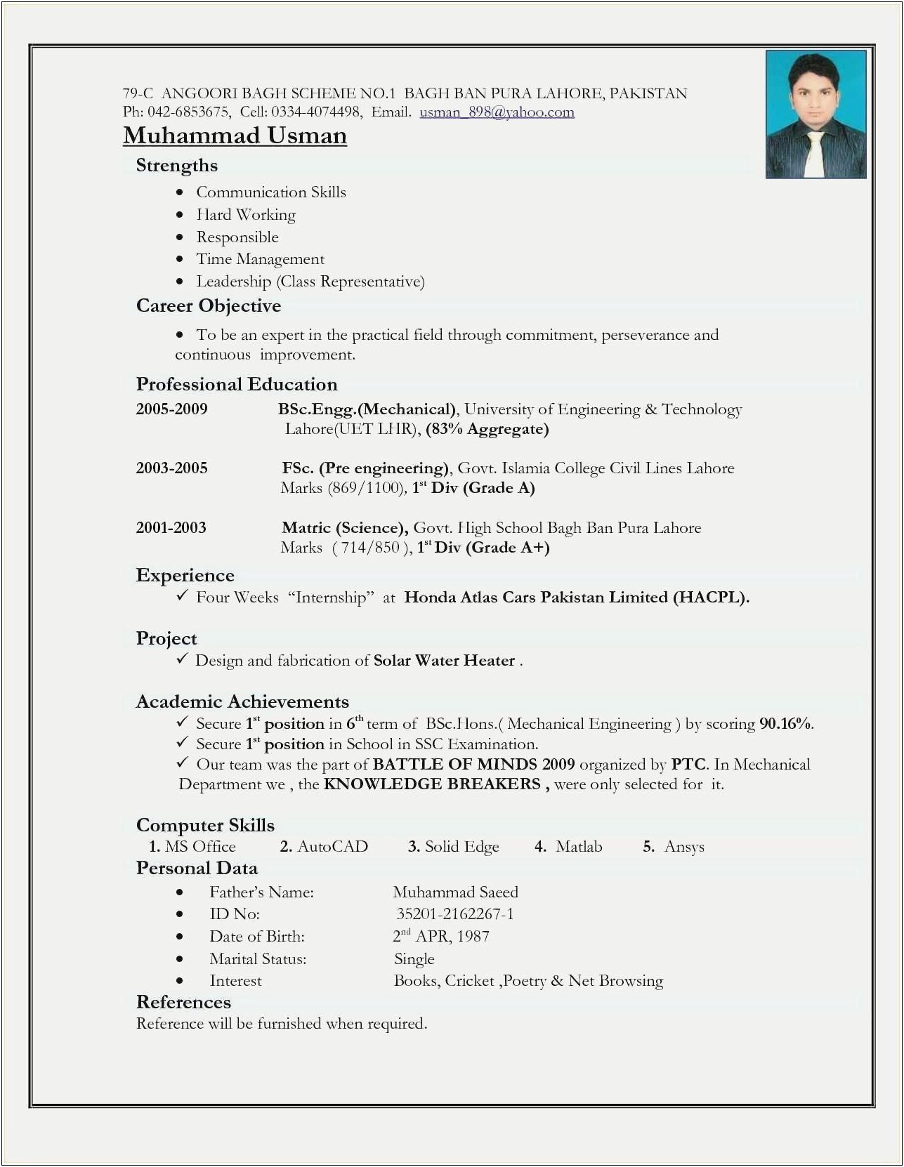 Sample Resume For Fresher Mechanical Engineering Student