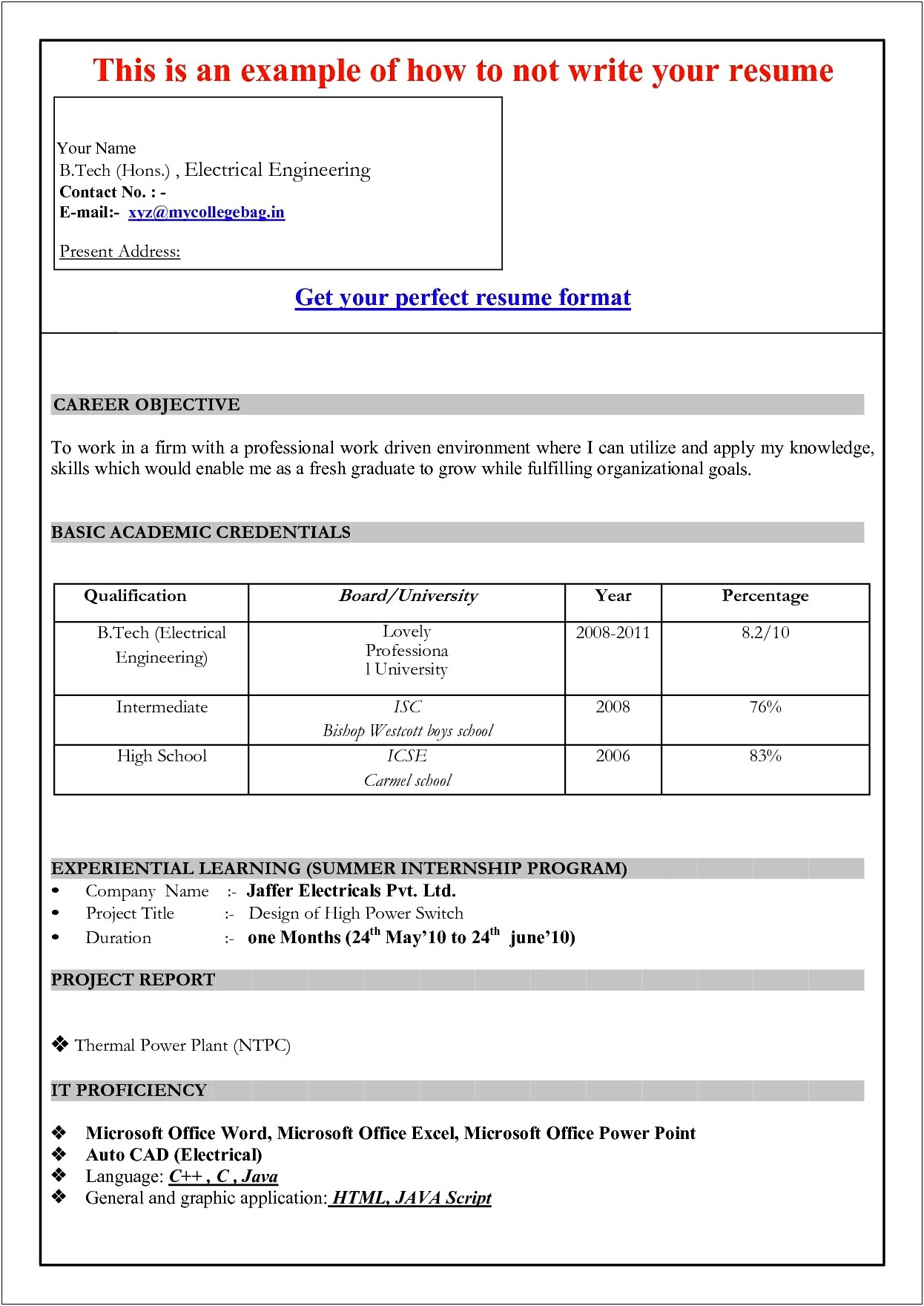 Sample Resume For Freshers In Ms Word Format