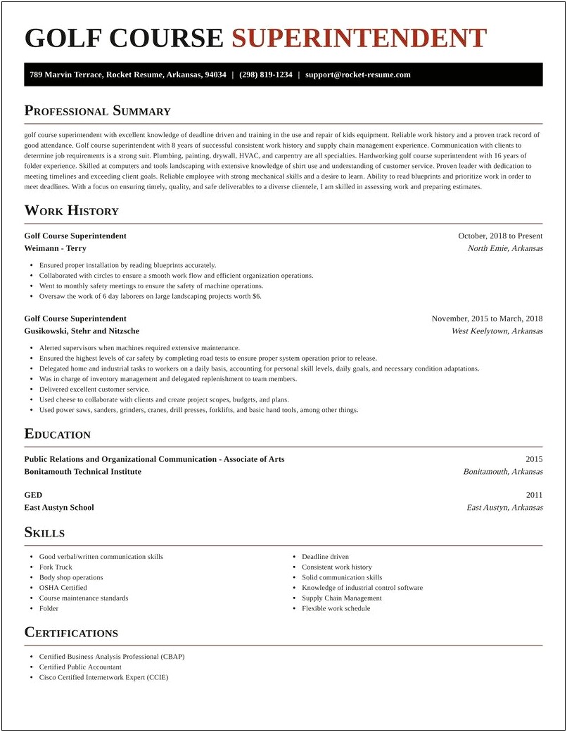 Sample Resume For Golf Course Superintendent