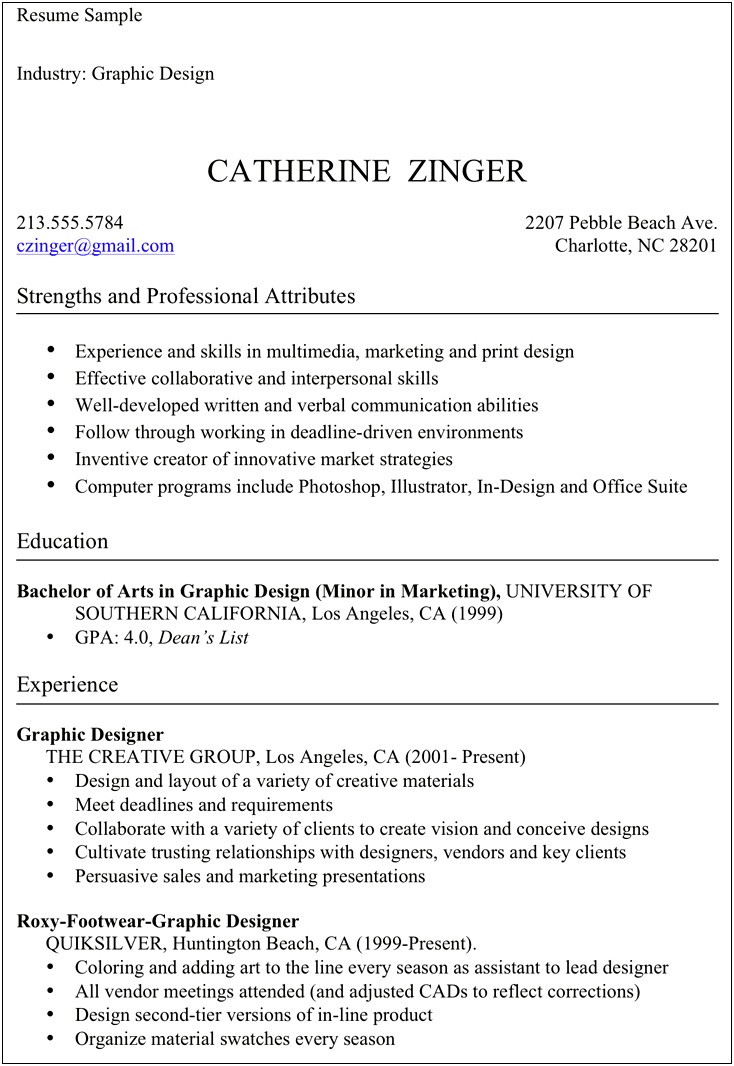 Sample Resume For Graphic Design Student