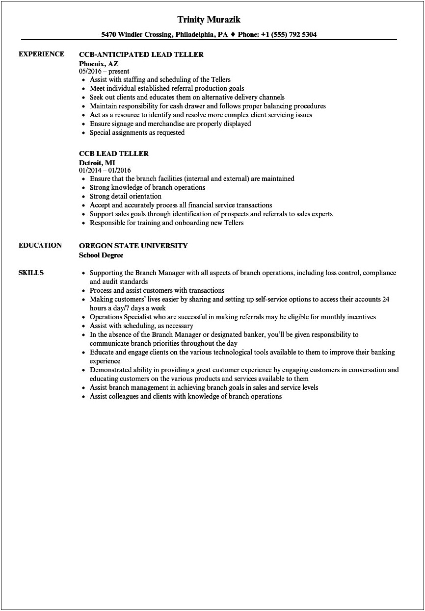 Sample Resume For Head Bank Teller