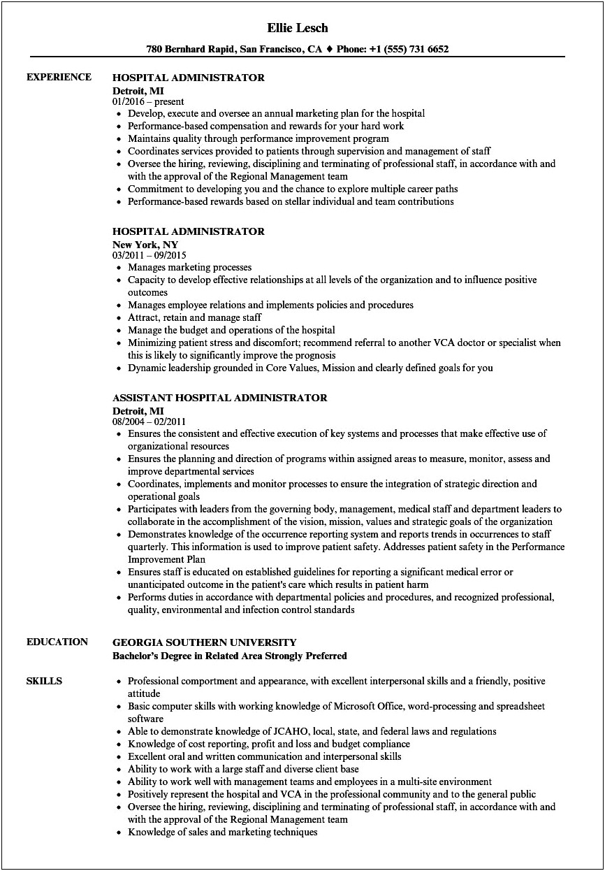 Sample Resume For Health Administration Fresher