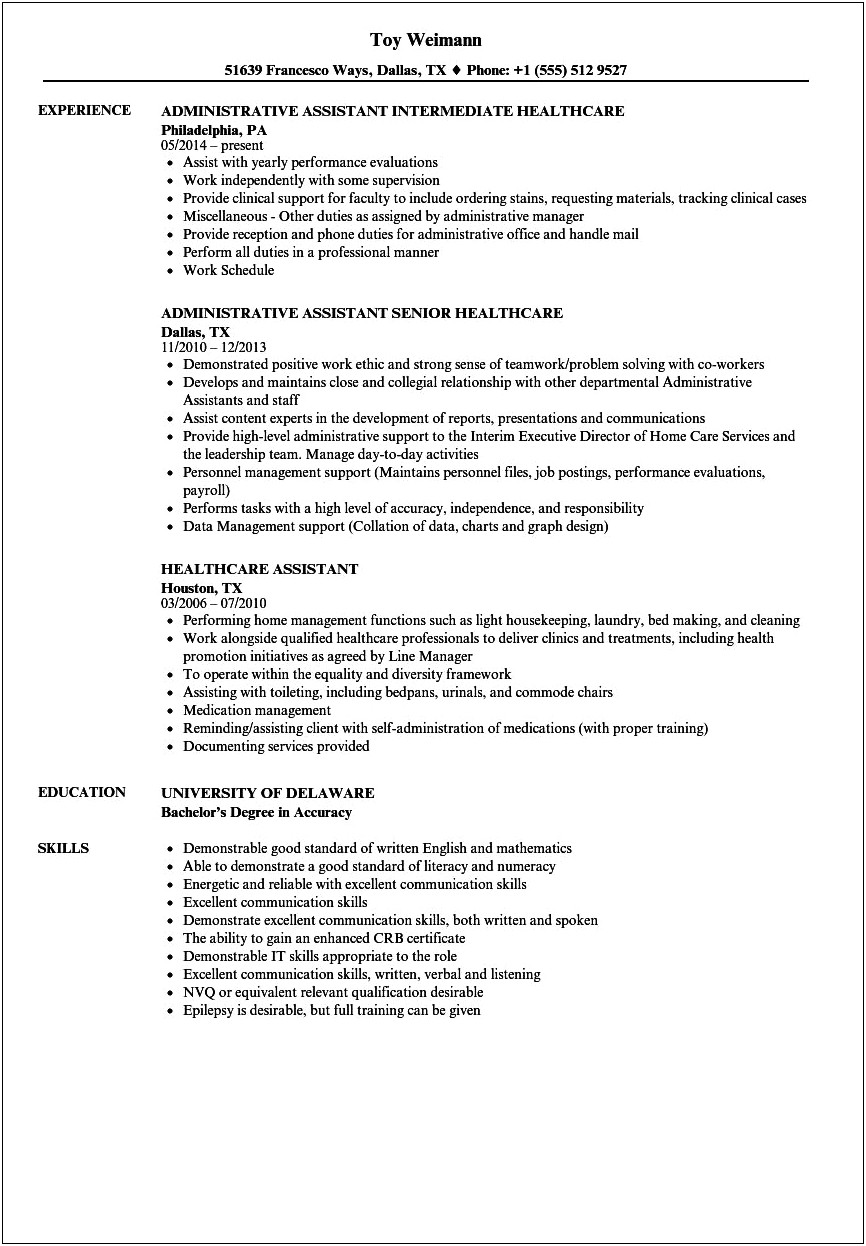 Sample Resume For Health Care Aide Job