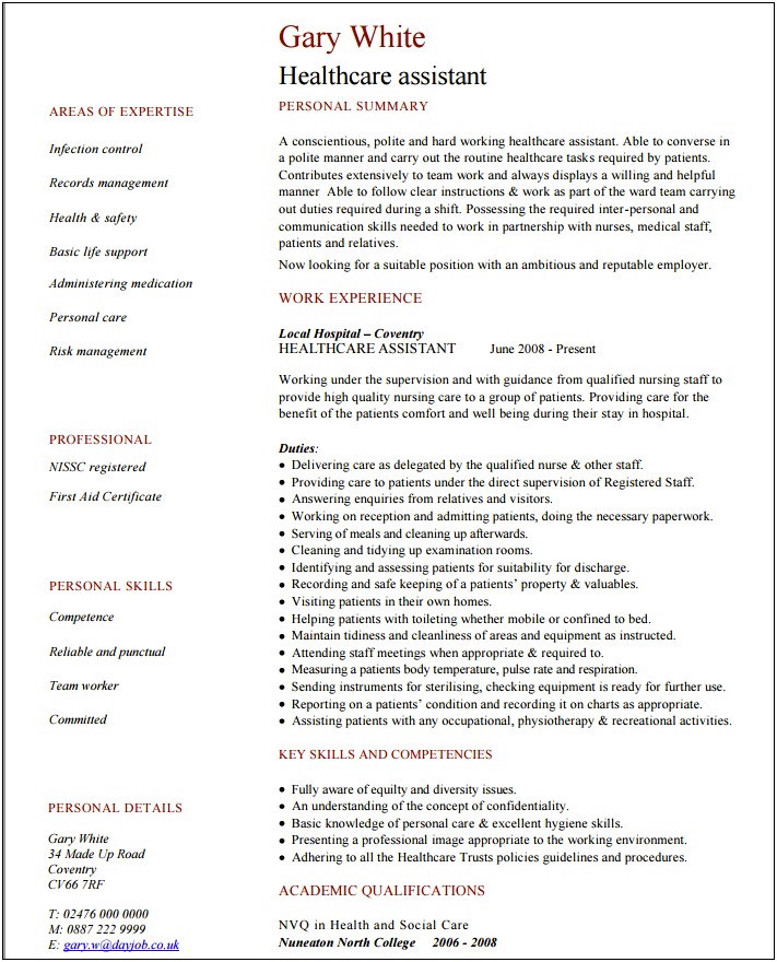 Sample Resume For Health Care Assistant In Schools