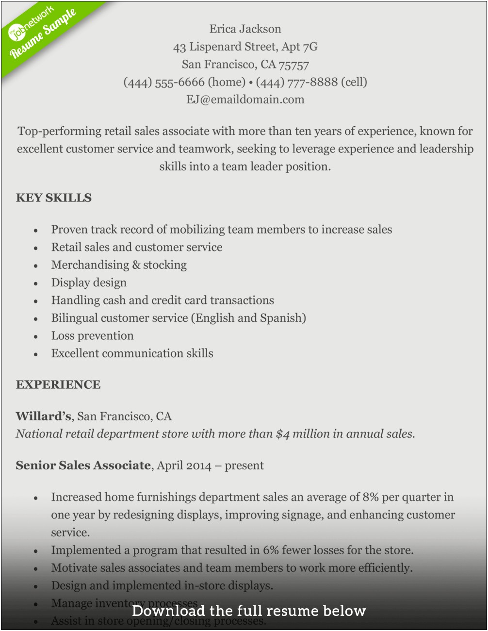 Sample Resume For High End Retail Position