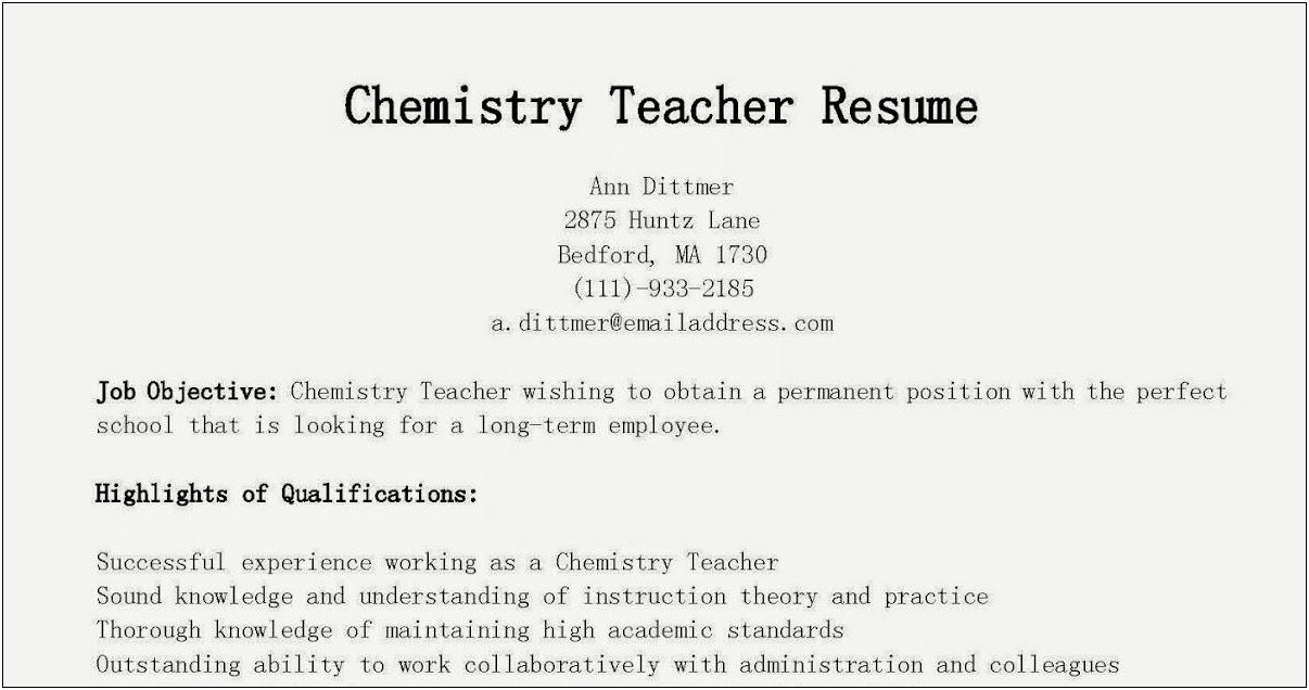 Sample Resume For High School Chemistry Teacher